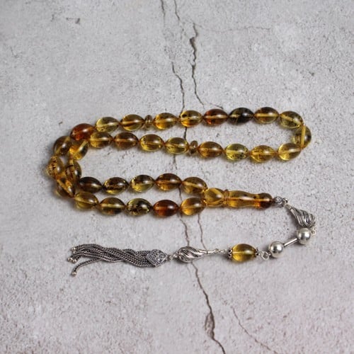 سبحة كهرمان شفاف طبيعي كركوشة فضة