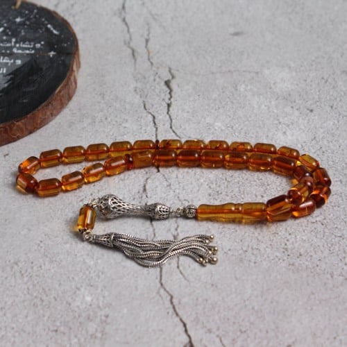 سبحة كهرمان شفاف طبيعي كركوشة فضة