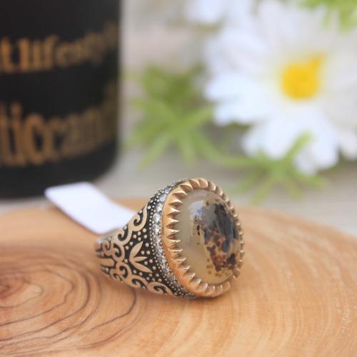 خاتم فضة رجالي فاخر بحجر العقيق الشجري الطبيعي