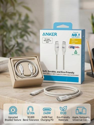 كابل Anker USB-C إلى USB-C ابيض