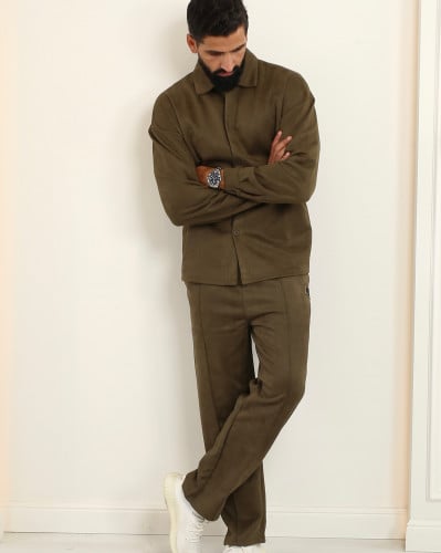 طقم شتوي خامة مخملية زيتي