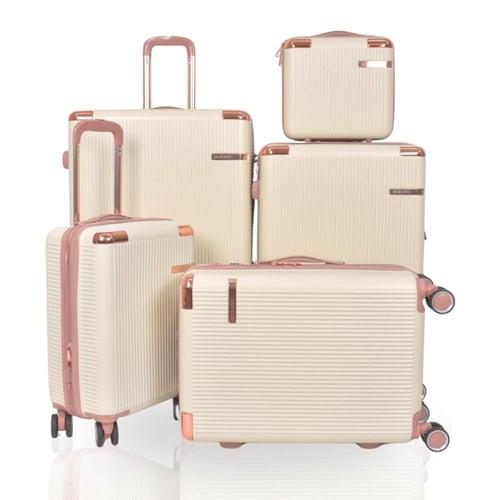 طقم حقائب سفر مخطط بجوانب 4 قطع سحب كبيرة + قطعة ي...