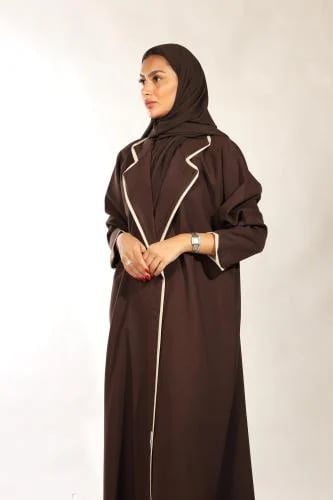 عباية بني نص كلوش كتان كوري بياقة بليزر وأطراف سكري