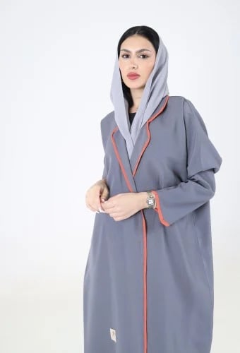 عباية رصاصي نص كلوش كتان كوري بياقة بليزر وتحديد برتقالي
