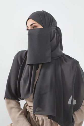 طقم طرحة ولثام-رمادي