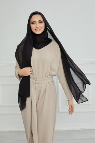 طرحة شيفون مع قبعة كاملة مشبوكة - أسود