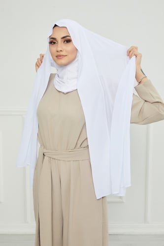 طرحة شيفون مع قبعة كاملة مشبوكة - أبيض