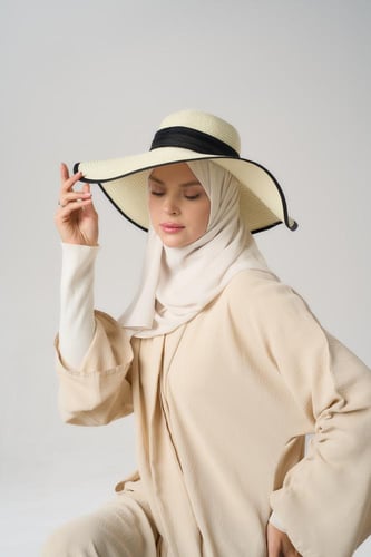 طقم قبعة كاملة مع طرحة صيفية-بيج