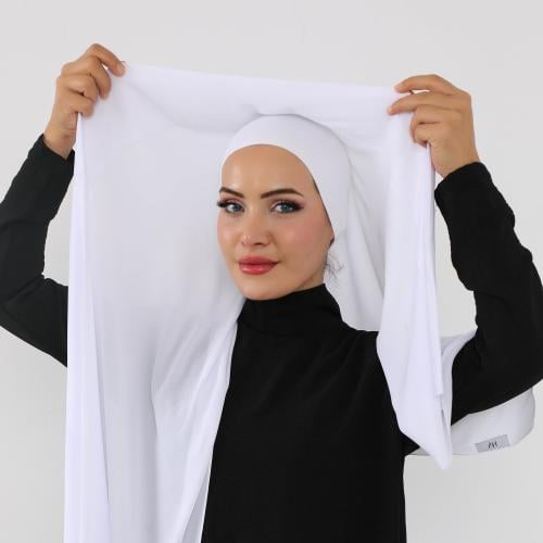 حجاب شيفون بمغناطيس وقبعة جانبي-ابيض