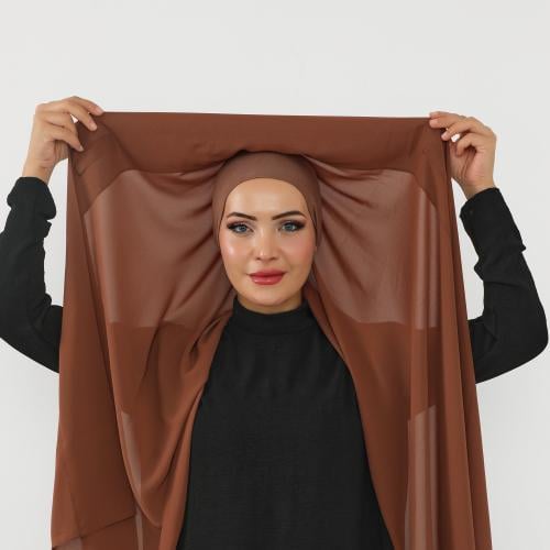 حجاب شيفون بمغناطيس وقبعة بالوسط-بني