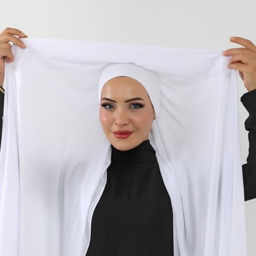حجاب شيفون بمغناطيس وقبعة بالوسط-ابيض