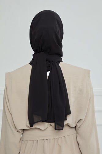 طرحة شيفون مع قبعة كاملة مشبوكة - أسود