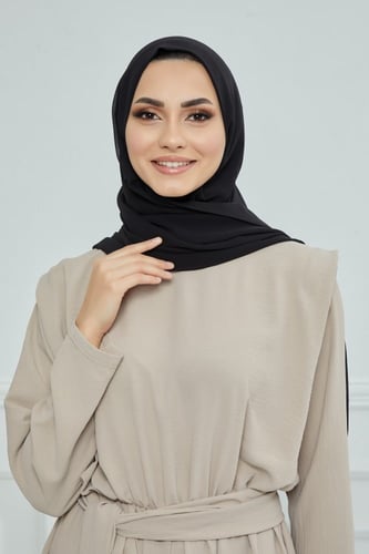 طرحة شيفون مع قبعة كاملة مشبوكة - أسود