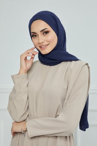 طرحة شيفون مع قبعة كاملة مشبوكة - كحلي