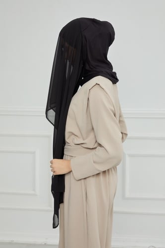 طرحة شيفون مع قبعة كاملة مشبوكة - أسود