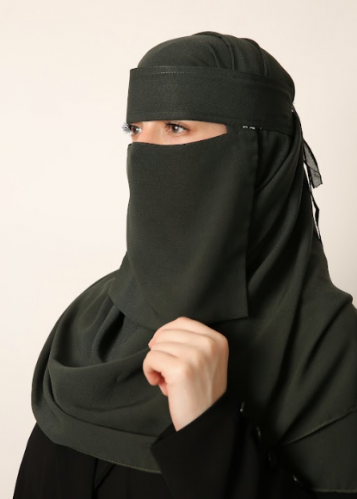 طرحة مع نقاب خامة ليزر- لون زيتي