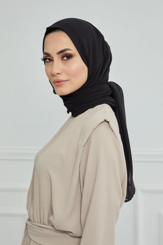 طرحة شيفون مع قبعة كاملة مشبوكة - أسود