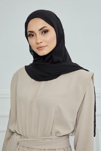 طرحة شيفون مع قبعة كاملة مشبوكة - أسود