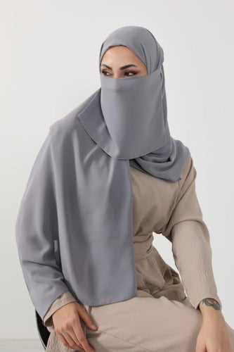 طقم طرحة ولثام - ربط-رمادي