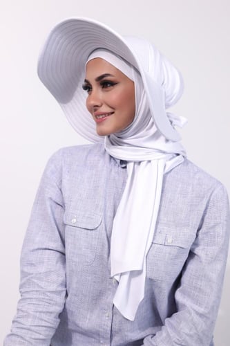 حجاب الشاطي مع قبعة - أبيض