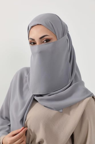 طقم طرحة ولثام - ربط-رمادي