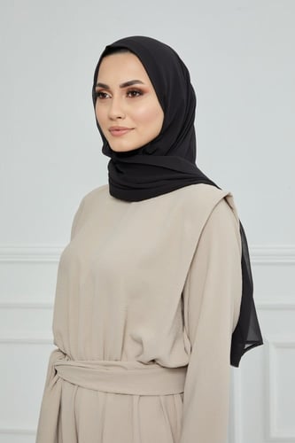 طرحة شيفون مع قبعة كاملة مشبوكة - أسود