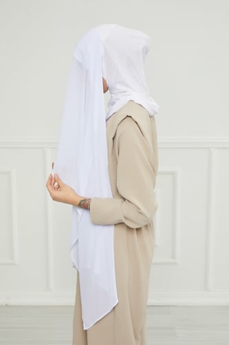 طرحة شيفون مع قبعة كاملة مشبوكة - أبيض