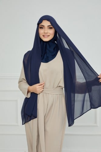 طرحة شيفون مع قبعة كاملة مشبوكة - كحلي