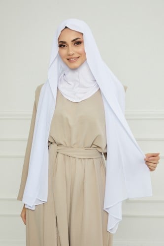 طرحة شيفون مع قبعة كاملة مشبوكة - أبيض