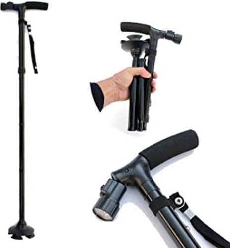 عكاز قاعدة مرنة مع كشاف قابل للطي