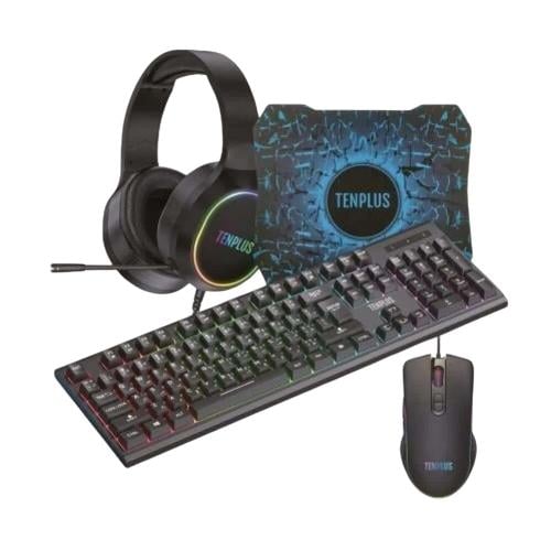 تن بلس - T3541 طقم قيمنق 4 في 1 , كيبورد بإضاءة RGB وماوس ضوئي وسماعة رأس بمايك وماوس باد - أسود