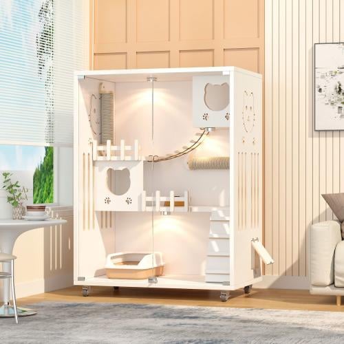 فيلا للقطط فاخرة من الخشب اللون الابيض 90*60*125 س...