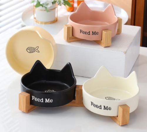 وعاء سيراميك مع حامل لتغذيه القطط - متعدد الألوان