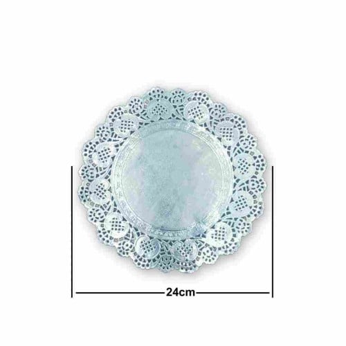 ورق دانتيل دائري فضي مقاس 24cm