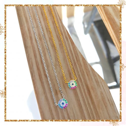 Pure silver tiny round necklace rainbow ZC