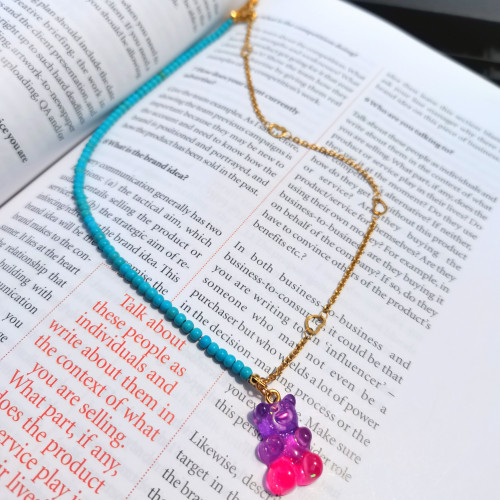 Handmade Gummy bear blue beads vs gold Stainless s...