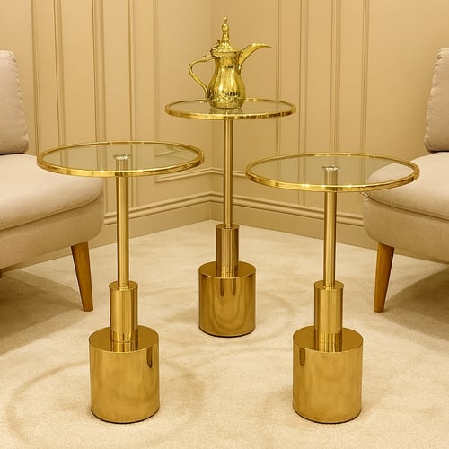 طقم طاولات زجاجية دائرية بقاعدة معدنية فاخرة – 3 أ...