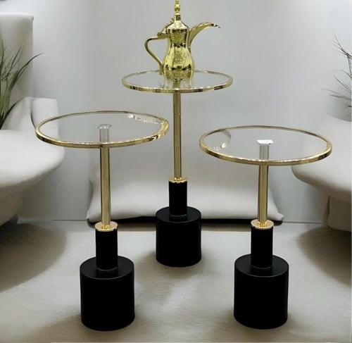 طقم طاولات زجاجية دائرية بقاعدة معدنية فاخرة – 3 أ...