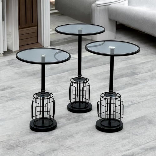 طقم طاولات جانبية زجاجية بتصميم معدني عصري – 3 قطع