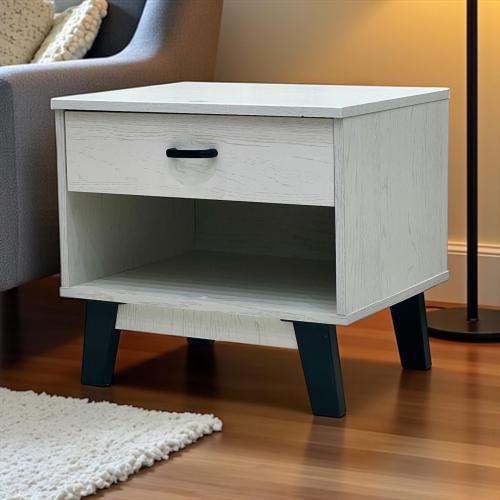 طاولة جانبية بدرج ورف مفتوح – تصميم خشبي مودرن