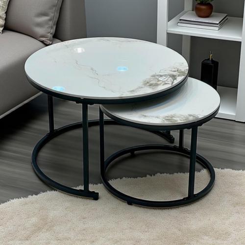 طقم طاولات قهوة دائرية بتصميم رخامي أبيض رمادي (قط...