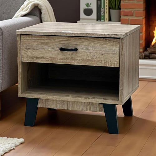 طاولة جانبية بدرج ورف مفتوح – تصميم خشبي مودرن