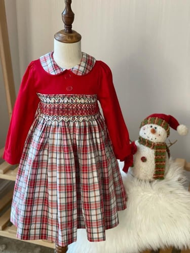 فستان أحمر كاروهات - فستان ربيعي كم طويل