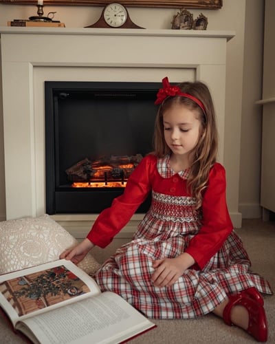 فستان أحمر كاروهات - فستان ربيعي كم طويل