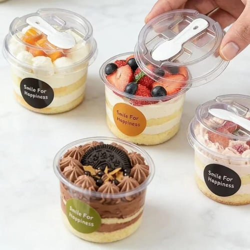 علب حلا دائري بلاستيك بملعقه جمله