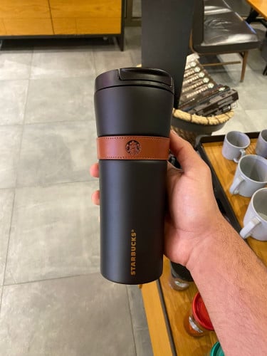 مق ستاربكس الاسود بشريط جلد بني