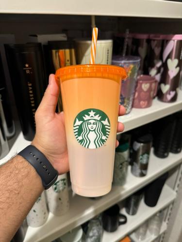 كوب ستاربكس بلاستيك برتقالي وابيض