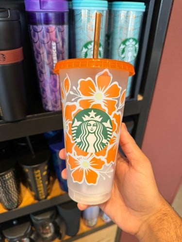 كوب ستاربكس بلاستيك ورود برتقالي