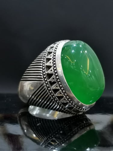 خاتم الفضة بحجر عقيق خرساني ايراني أخضر بصياغة الخ...