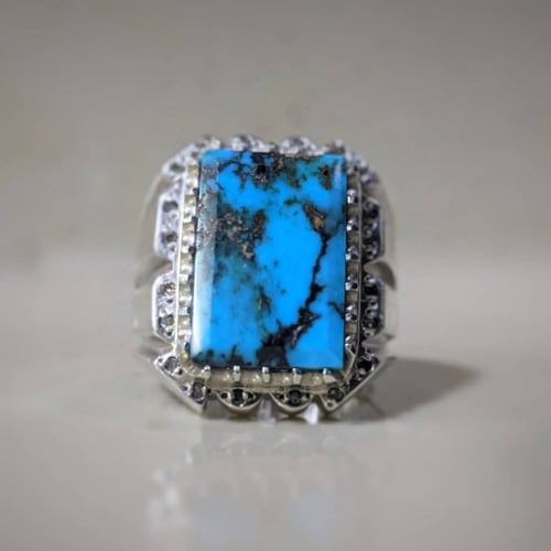 خاتم فيروز نيشابوري طبيعي أزرق مرصع ألماس صياغة رض...